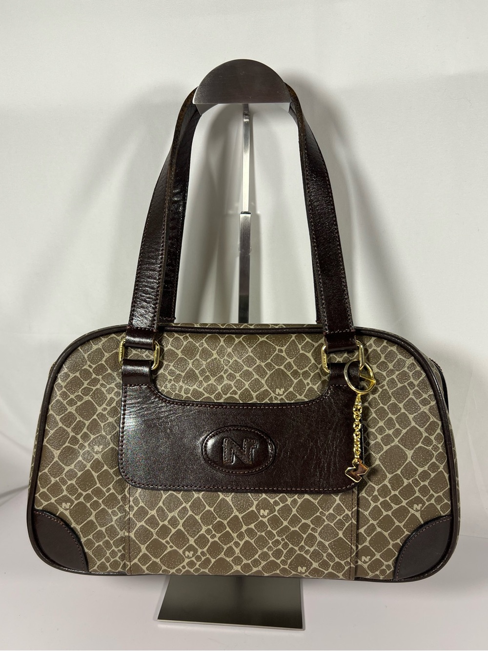 4091: Nina Ricci Vintage Monogram Satchel Bag Brown Logo Print Top Handle